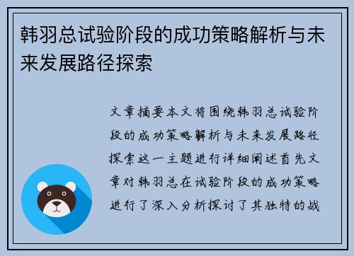 韩羽总试验阶段的成功策略解析与未来发展路径探索