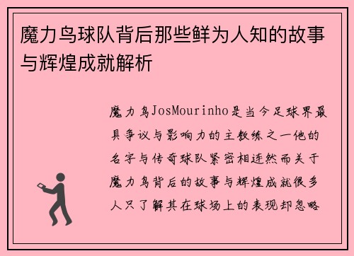 魔力鸟球队背后那些鲜为人知的故事与辉煌成就解析